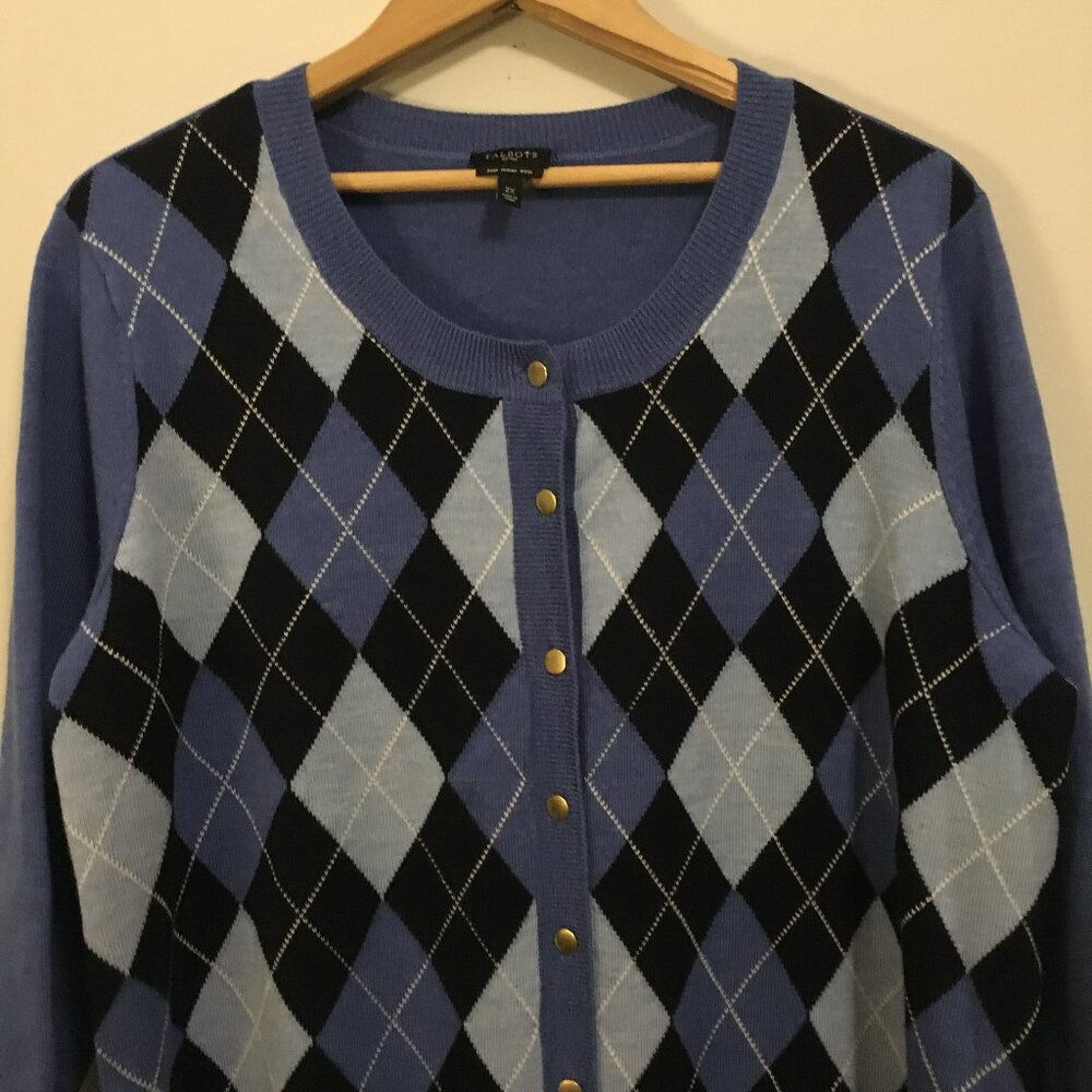 MERINO WOOL Blue Argyle Button Front Cardigan Sweater Plus Size 2X - Picture 4 of 15